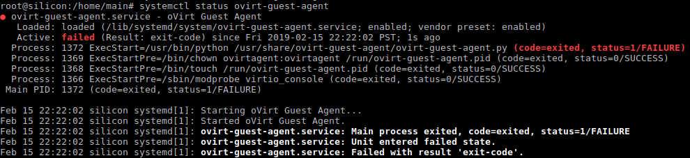 ovirt-guest-agent.py exited status 1/FAILURE